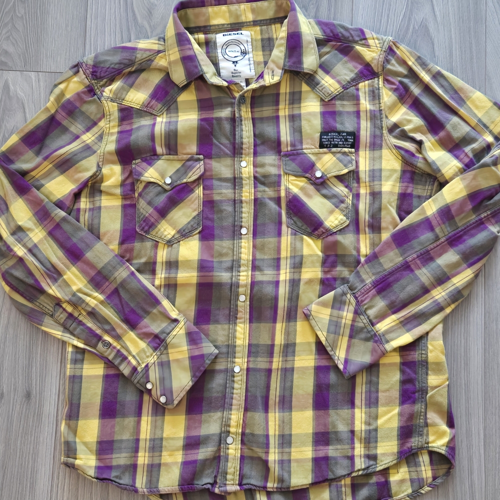Diesel Button Up Shirt Men's XL (Fits like a M/L) Plaid Pearl Snap Long Sleeve